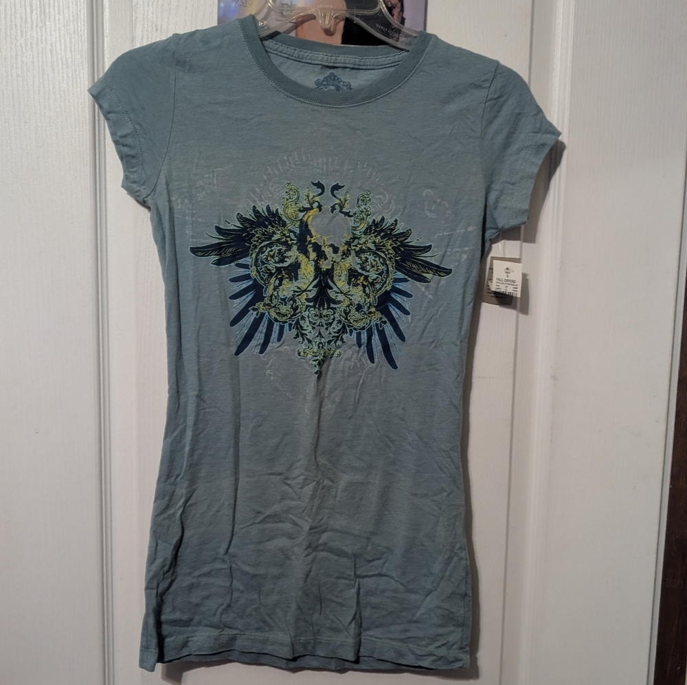 Y2K L.O.L. Vintage Blue Tattoo Graffiti Skull Wings Print Short Sleeve T-Shirt